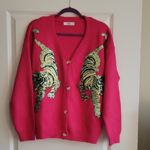 TALULAH Sweaters - NEW SHOP TALULAH Pink Cardigan Sweater with Sequin Tiger Embellishments